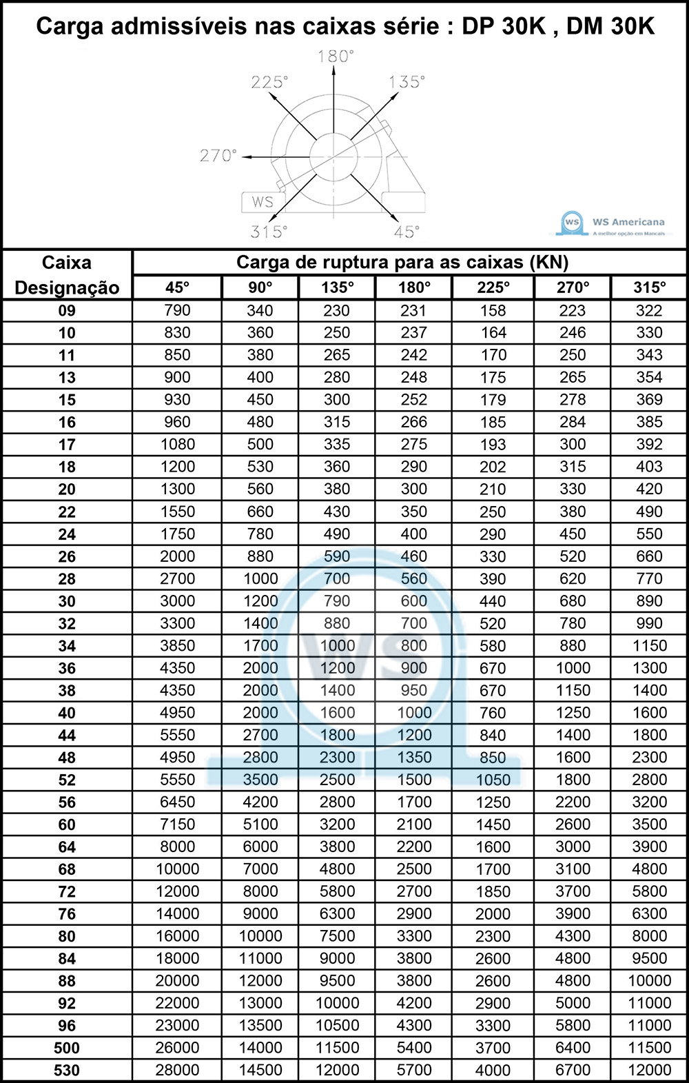 Cargas admissíveis nas caixas série: DP, DM 30K - WS AMERICANA